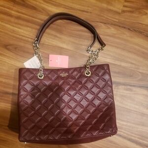 New Kate Spade Natalia Quilted Leather Shoulder Tote Bag Burgundy purse chain